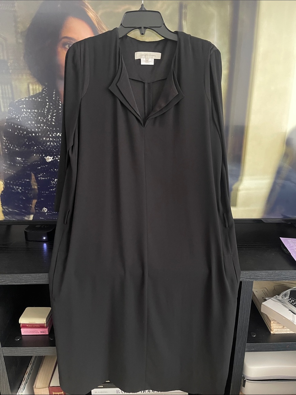 Gerard Darel Black Long-Sleeve Shift Dress with Notch Collar s 42 or Med/Large
